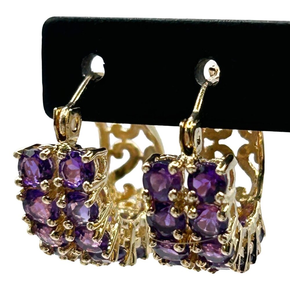 14k Yellow Gold Purple Amethyst Cluster Hoop Drop Filigree Earrings